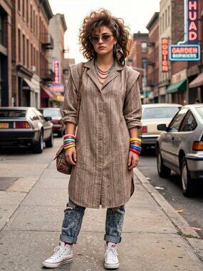 Vintage 1980s Robbie Bee Taupe Striped Collared Dress